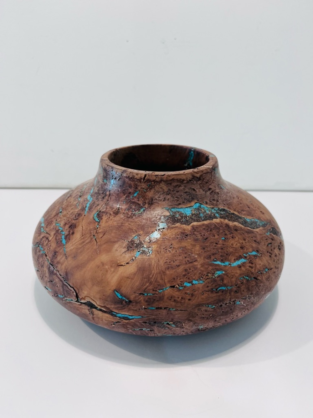 Russ Henderson Manzanita Root Handmade Vase Bowl Turquoise Inlaid Signed 8”